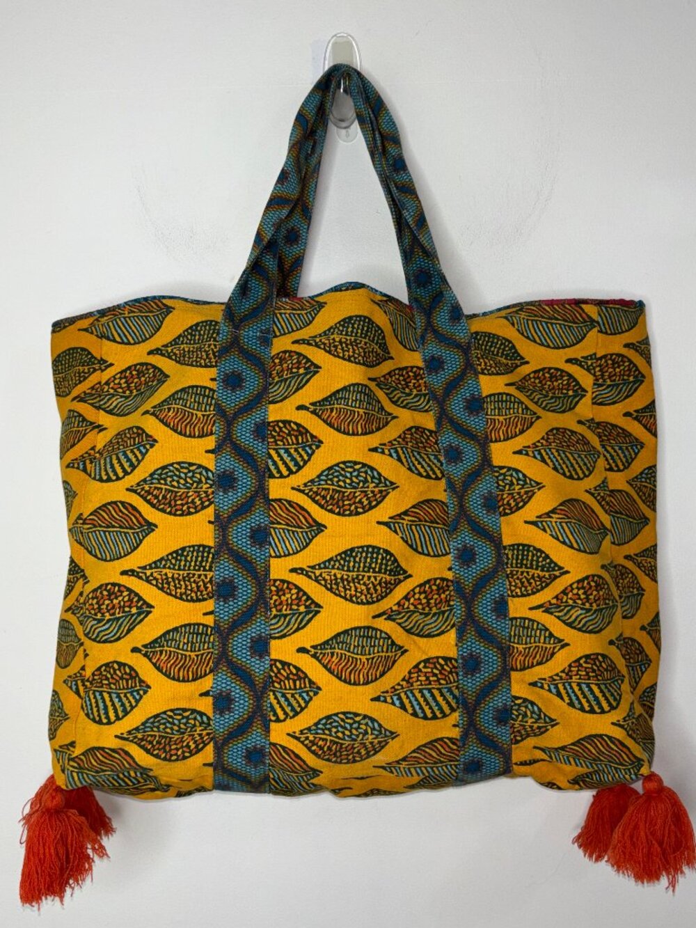 Boho Block-printed Leaf Pattern Tote Shopper Shoulder Bag Tassels Cotton